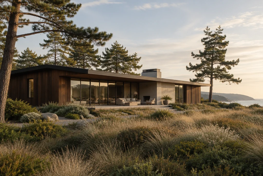 Modern cedar house nestled in a coastal California meadow