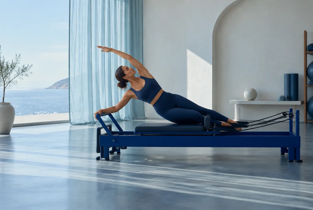 Woman stretching on a reformer in a bright, airy Pilates studio