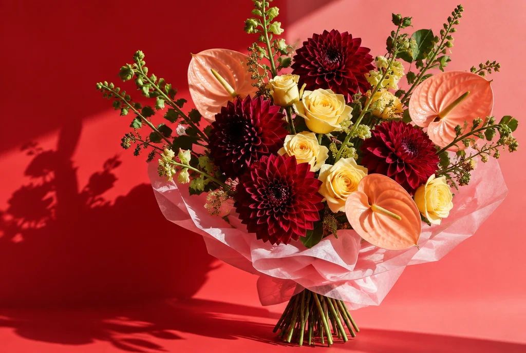 Sculptural bouquet of burgundy, yellow, and peach flowers wrapped in pink paper
