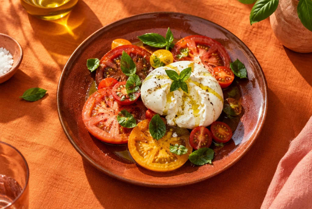 Burrata, fresh tomatoes, and basil on a sunlit restaurant table